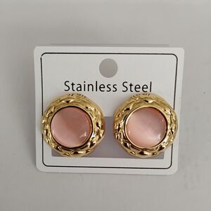 New Gold and Pink Cat's Eye Stainless Steel Earrings